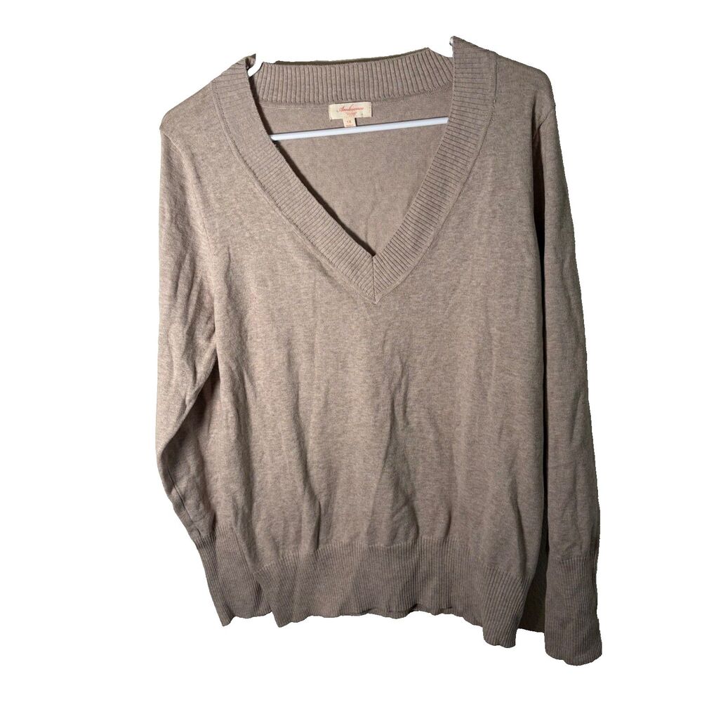 Ambiance Sweater Women's 1X V-Neck Knit Pullover Beige Casual Lightweight